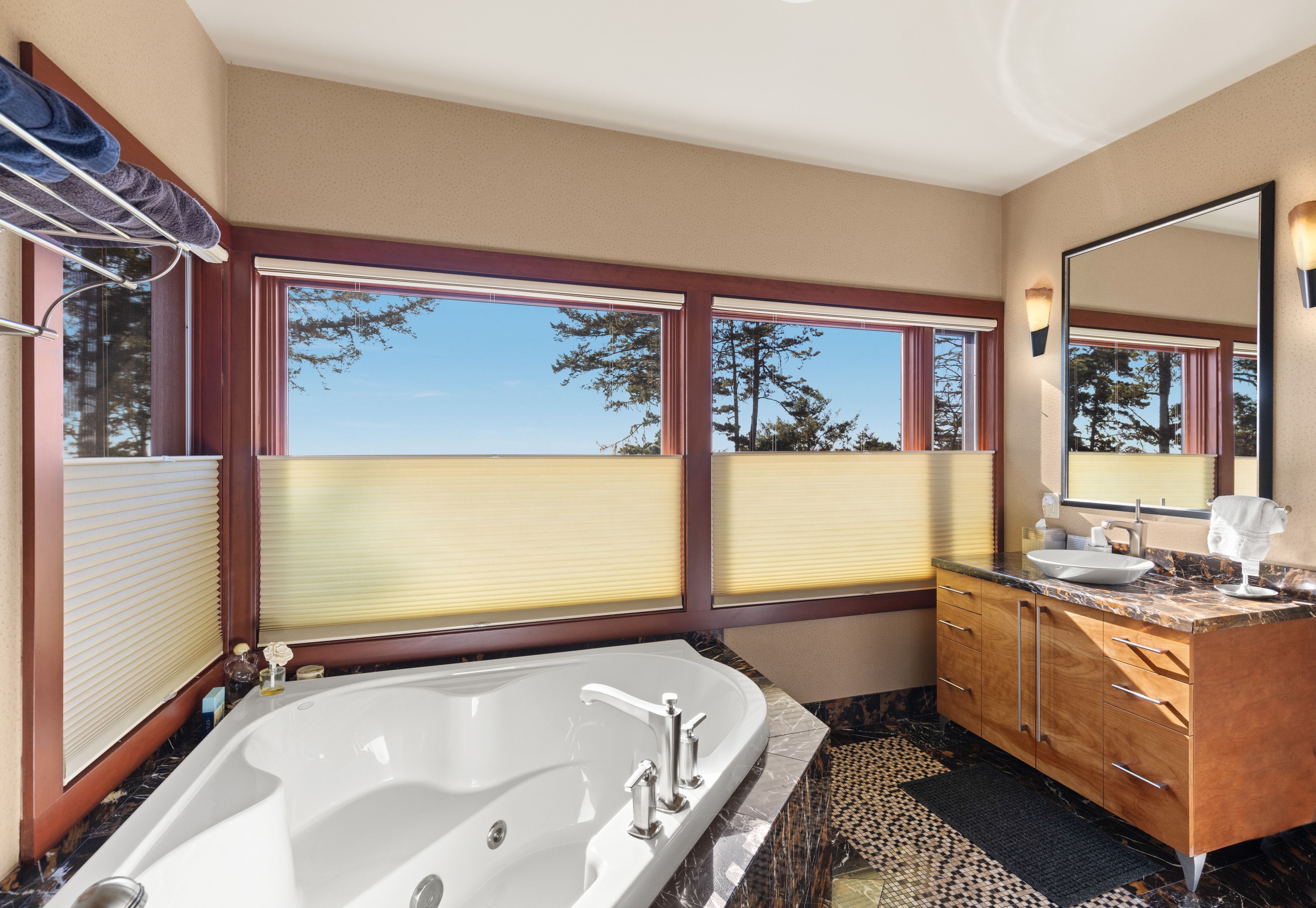 WINDOW TREATMENTS AND BLINDS in bathroom by bathtub