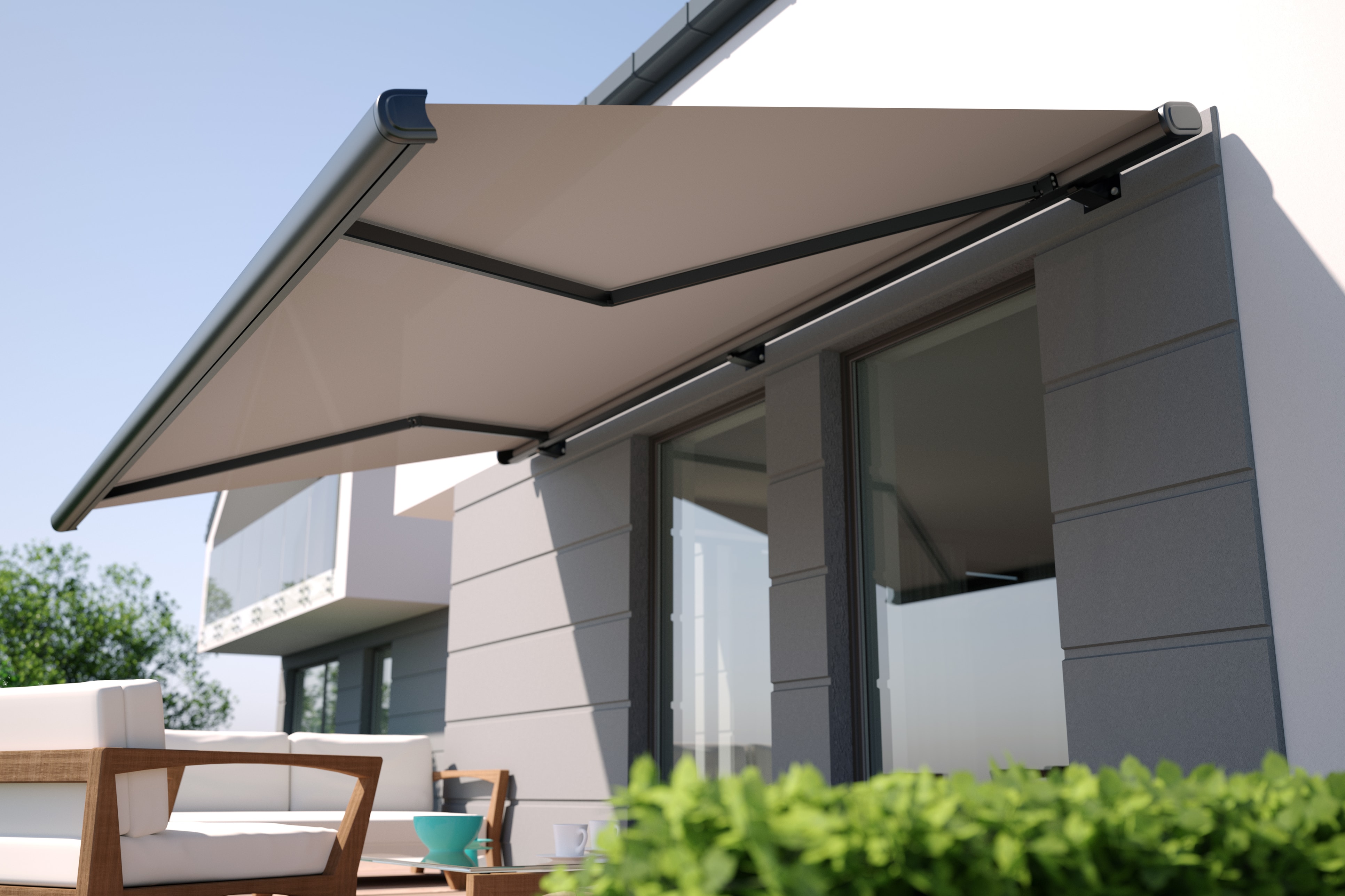 Awning and house terrace, 3D illustration
